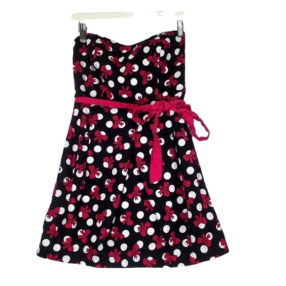 Trixxi Strapless Dress Fit and Flare Polka Dot Bow Tie Waist Black Womens Size 7 - Picture 1 of 9